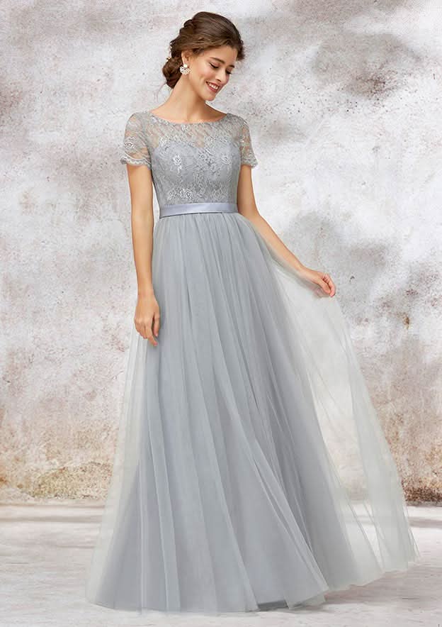 A-Line/Princess Floor-Length Short Sleeve Tulle Bridesmaid Dress, Bateau Neck With Lace BM bride