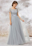 A-Line/Princess Floor-Length Short Sleeve Tulle Bridesmaid Dress, Bateau Neck With Lace BM bride