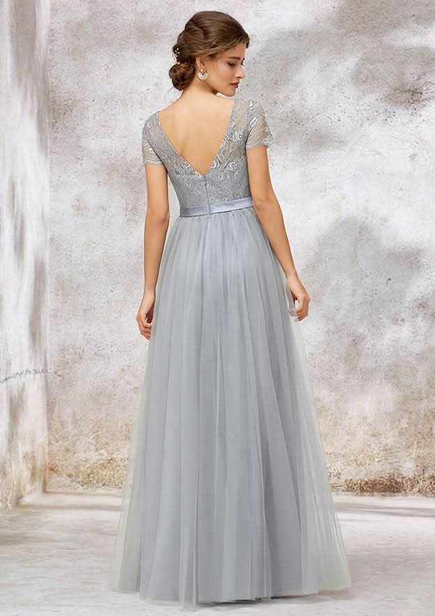 A-Line/Princess Floor-Length Short Sleeve Tulle Bridesmaid Dress, Bateau Neck With Lace BM bride