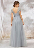 A-Line/Princess Floor-Length Short Sleeve Tulle Bridesmaid Dress, Bateau Neck With Lace BM bride