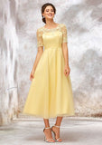 A-Line/Princess Floor-Length Short Sleeve Tulle Bridesmaid Dress, Bateau Neck With Lace And Appliqued BM bride