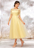 A-Line/Princess Floor-Length Short Sleeve Tulle Bridesmaid Dress, Bateau Neck With Lace And Appliqued BM bride