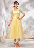 A-Line/Princess Floor-Length Short Sleeve Tulle Bridesmaid Dress, Bateau Neck With Lace And Appliqued BM bride