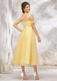 A-Line/Princess Floor-Length Short Sleeve Tulle Bridesmaid Dress, Bateau Neck With Lace And Appliqued BM bride