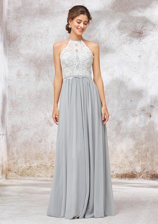 A-Line/Princess Floor-Length Sleeveless Chiffon Bridesmaid Dress, Scoop Neck With Lace BM bride