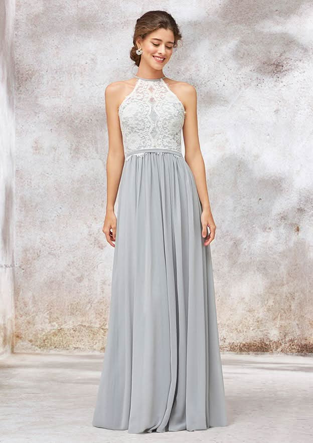 A-Line/Princess Floor-Length Sleeveless Chiffon Bridesmaid Dress, Scoop Neck With Lace BM bride