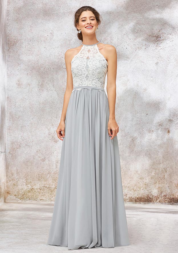 A-Line/Princess Floor-Length Sleeveless Chiffon Bridesmaid Dress, Scoop Neck With Lace BM bride