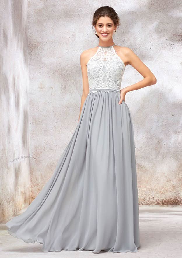 A-Line/Princess Floor-Length Sleeveless Chiffon Bridesmaid Dress, Scoop Neck With Lace BM bride