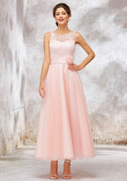 Tea-Length Tulle Bridesmaid Dress, A-Line/Princess Shape, Bateau Neck, Sleeveless, Waistband, And Lace BM bride