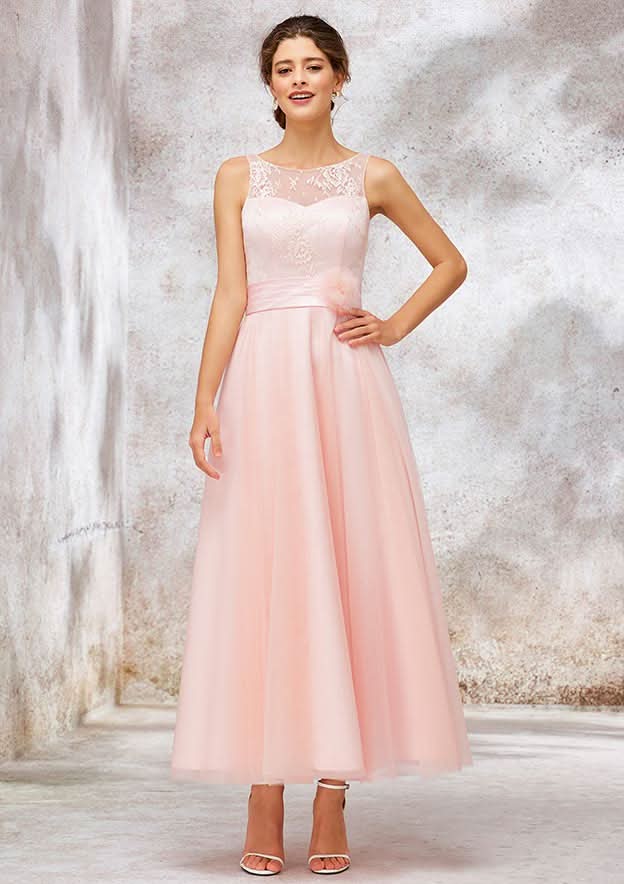 Tea-Length Tulle Bridesmaid Dress, A-Line/Princess Shape, Bateau Neck, Sleeveless, Waistband, And Lace BM bride