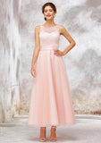 Tea-Length Tulle Bridesmaid Dress, A-Line/Princess Shape, Bateau Neck, Sleeveless, Waistband, And Lace BM bride