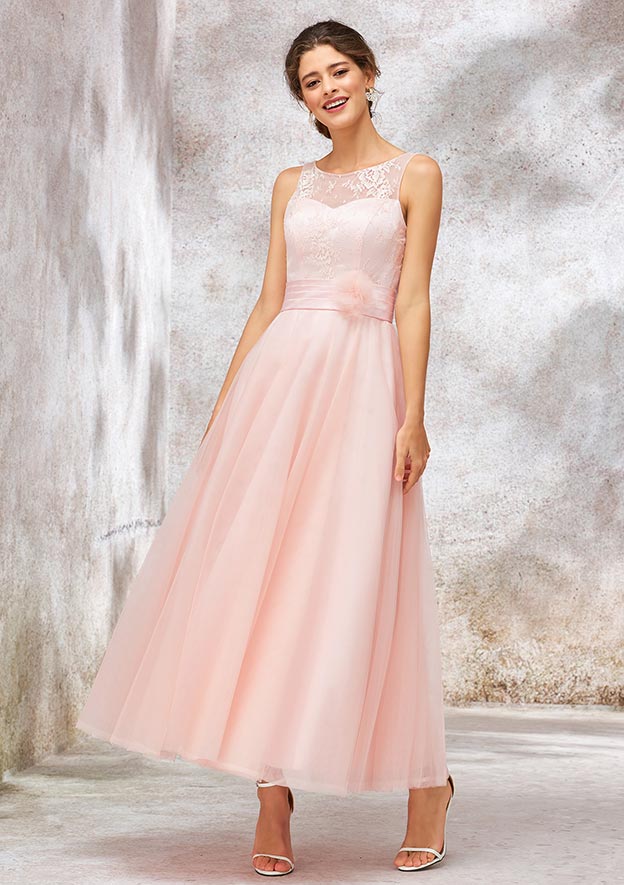 Tea-Length Tulle Bridesmaid Dress, A-Line/Princess Shape, Bateau Neck, Sleeveless, Waistband, And Lace BM bride