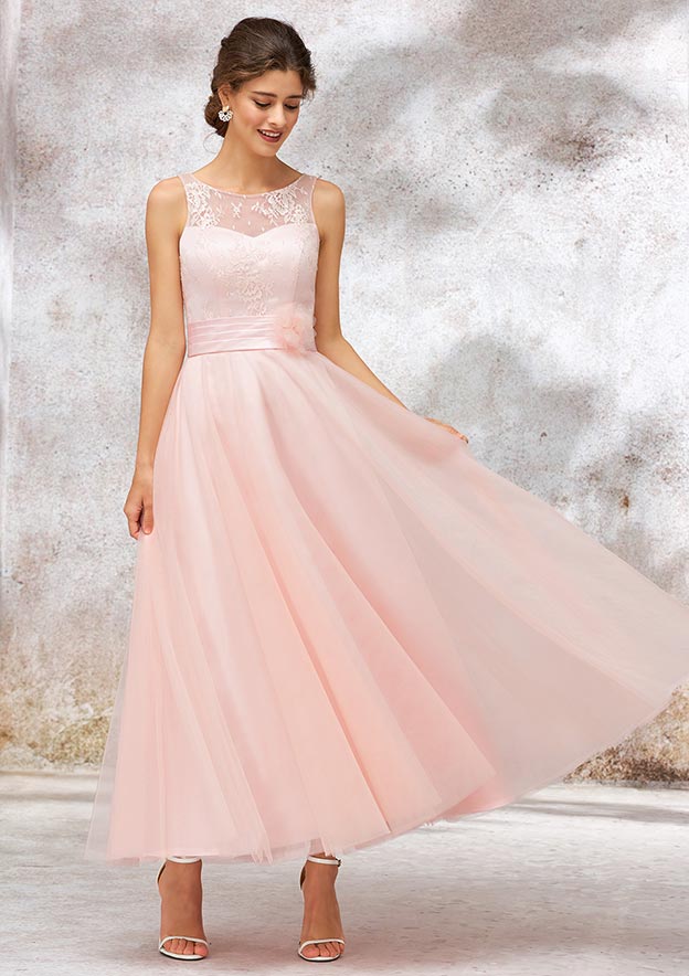 Tea-Length Tulle Bridesmaid Dress, A-Line/Princess Shape, Bateau Neck, Sleeveless, Waistband, And Lace BM bride