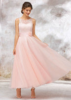 Tea-Length Tulle Bridesmaid Dress, A-Line/Princess Shape, Bateau Neck, Sleeveless, Waistband, And Lace BM bride