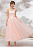 Tea-Length Tulle Bridesmaid Dress, A-Line/Princess Shape, Bateau Neck, Sleeveless, Waistband, And Lace BM bride