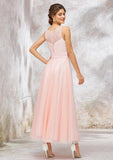Tea-Length Tulle Bridesmaid Dress, A-Line/Princess Shape, Bateau Neck, Sleeveless, Waistband, And Lace BM bride