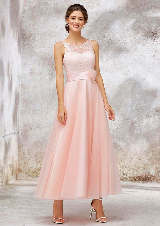 Tea-Length Tulle Bridesmaid Dress, A-Line/Princess Shape, Bateau Neck, Sleeveless, Waistband, And Lace BM bride