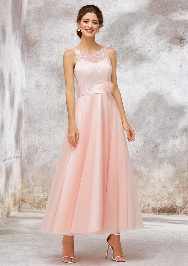 Tea-Length Tulle Bridesmaid Dress, A-Line/Princess Shape, Bateau Neck, Sleeveless, Waistband, And Lace BM bride