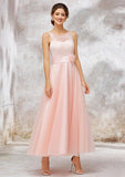 Tea-Length Tulle Bridesmaid Dress, A-Line/Princess Shape, Bateau Neck, Sleeveless, Waistband, And Lace BM bride