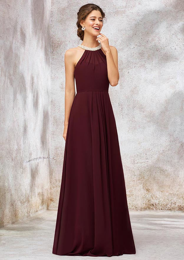 Floor-Length Chiffon Bridesmaid Dress, A-Line/Princess Cut, Scoop Neck, Sleeveless, Pleats, And Beading BM bride
