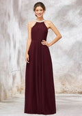 Floor-Length Chiffon Bridesmaid Dress, A-Line/Princess Cut, Scoop Neck, Sleeveless, Pleats, And Beading BM bride
