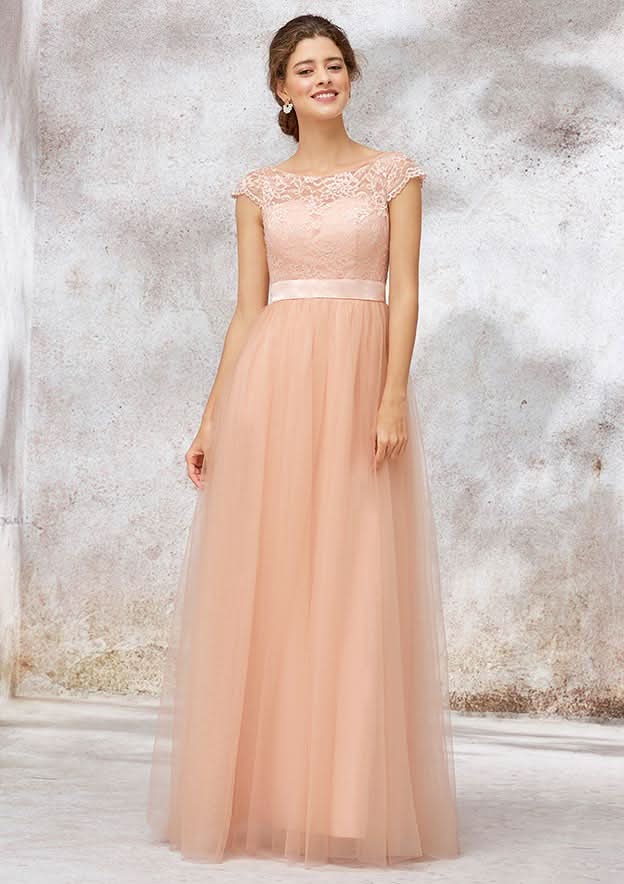 Floor-Length Tulle Bridesmaid Dress, A-Line/Princess Style, Bateau Neck, Sleeveless, With Sashes And Lace BM bride