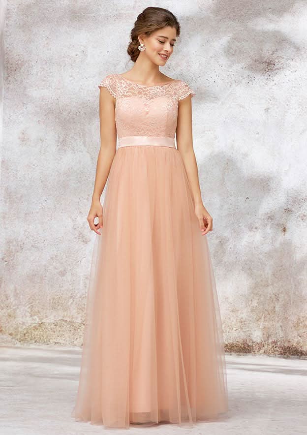 Floor-Length Tulle Bridesmaid Dress, A-Line/Princess Style, Bateau Neck, Sleeveless, With Sashes And Lace BM bride