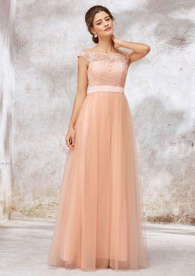 Floor-Length Tulle Bridesmaid Dress, A-Line/Princess Style, Bateau Neck, Sleeveless, With Sashes And Lace BM bride
