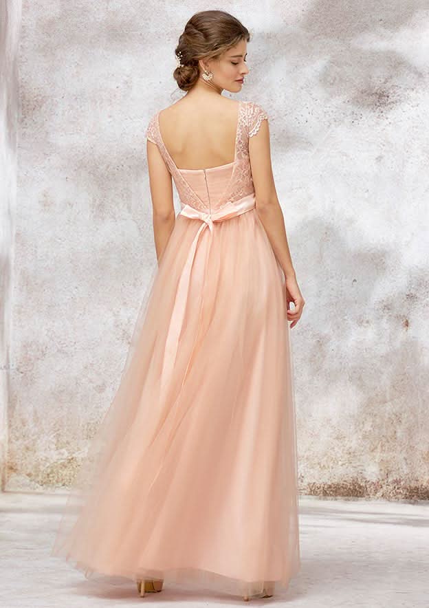 Floor-Length Tulle Bridesmaid Dress, A-Line/Princess Style, Bateau Neck, Sleeveless, With Sashes And Lace BM bride