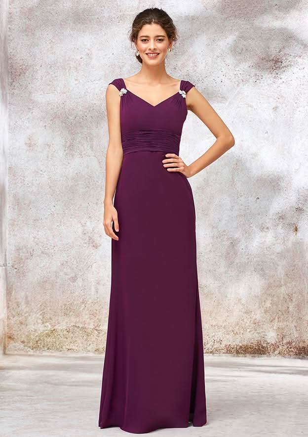 Floor-Length Chiffon Bridesmaid Dress, Sheath/Column Style, V-Neck, With Sashes, Pleats, And Beading BM bride