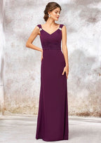 Floor-Length Chiffon Bridesmaid Dress, Sheath/Column Style, V-Neck, With Sashes, Pleats, And Beading BM bride