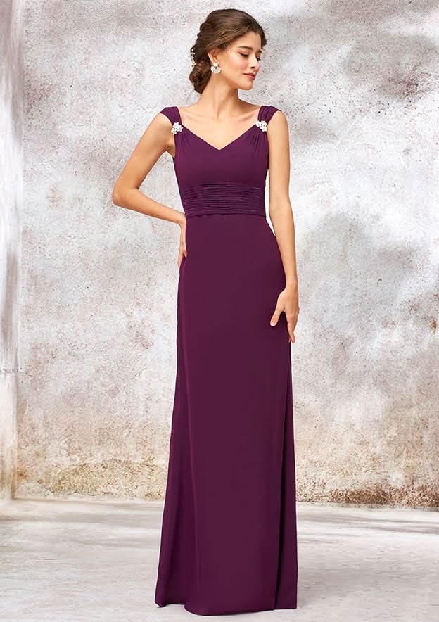 Floor-Length Chiffon Bridesmaid Dress, Sheath/Column Style, V-Neck, With Sashes, Pleats, And Beading BM bride