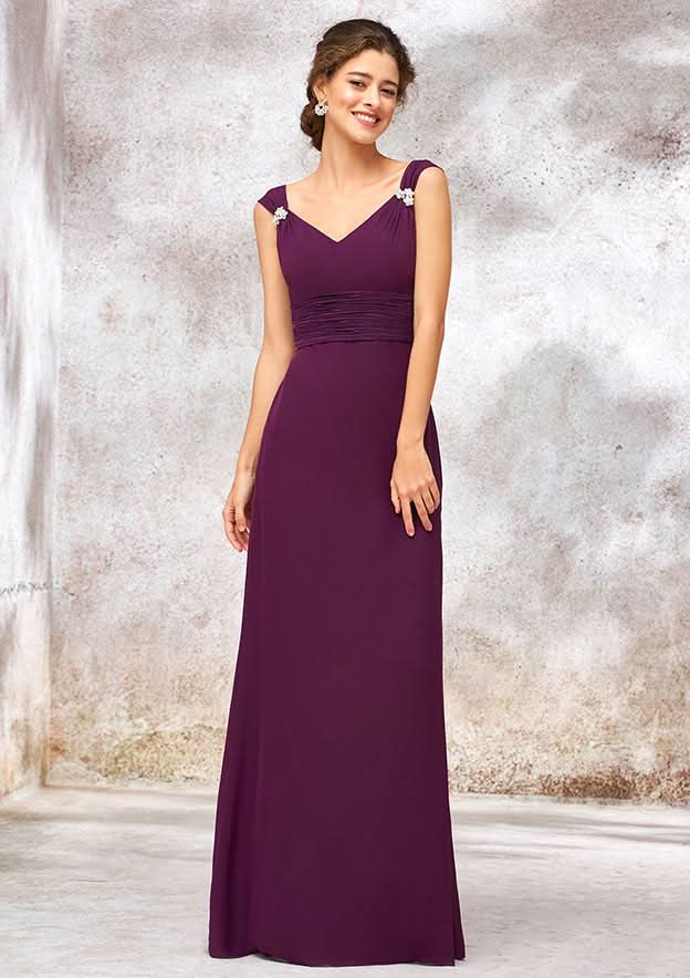 Floor-Length Chiffon Bridesmaid Dress, Sheath/Column Style, V-Neck, With Sashes, Pleats, And Beading BM bride