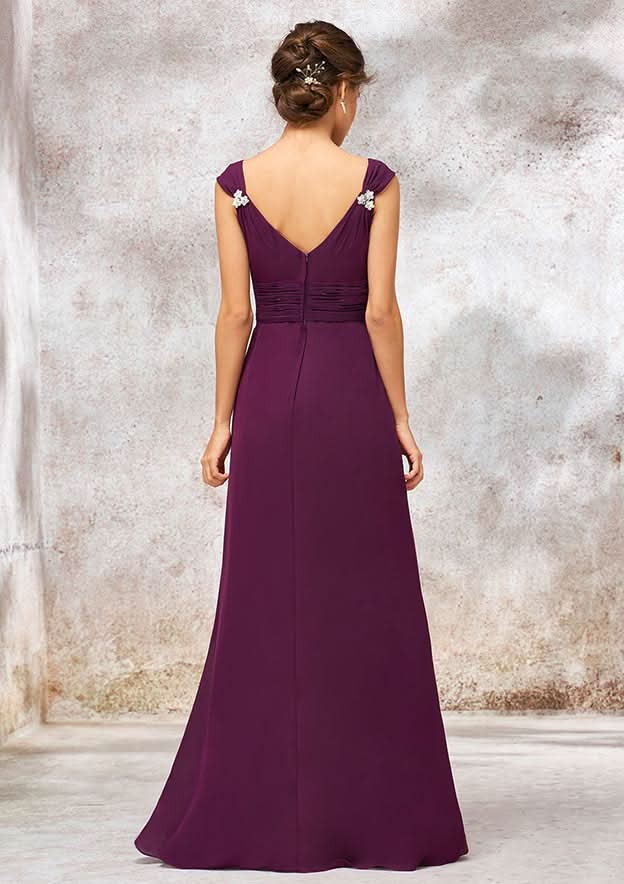 Floor-Length Chiffon Bridesmaid Dress, Sheath/Column Style, V-Neck, With Sashes, Pleats, And Beading BM bride