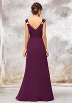 Floor-Length Chiffon Bridesmaid Dress, Sheath/Column Style, V-Neck, With Sashes, Pleats, And Beading BM bride