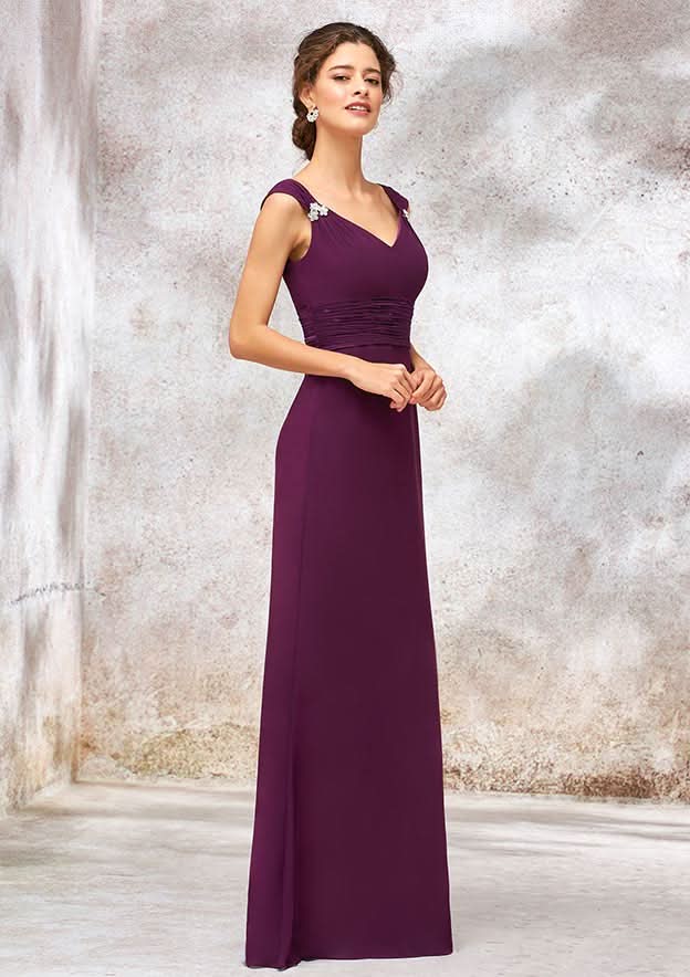 Floor-Length Chiffon Bridesmaid Dress, Sheath/Column Style, V-Neck, With Sashes, Pleats, And Beading BM bride