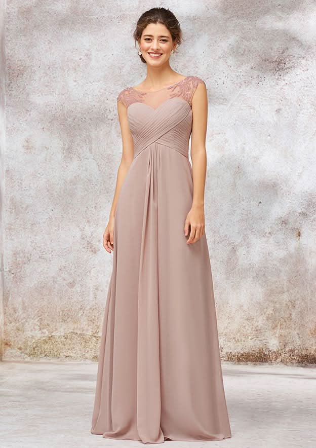 A-Line/Princess Floor-Length Sleeveless Chiffon Bridesmaid Dress With Sequins, Pleats, And Beading BM bride