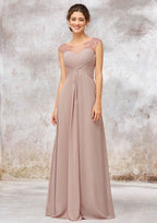 A-Line/Princess Floor-Length Sleeveless Chiffon Bridesmaid Dress With Sequins, Pleats, And Beading BM bride