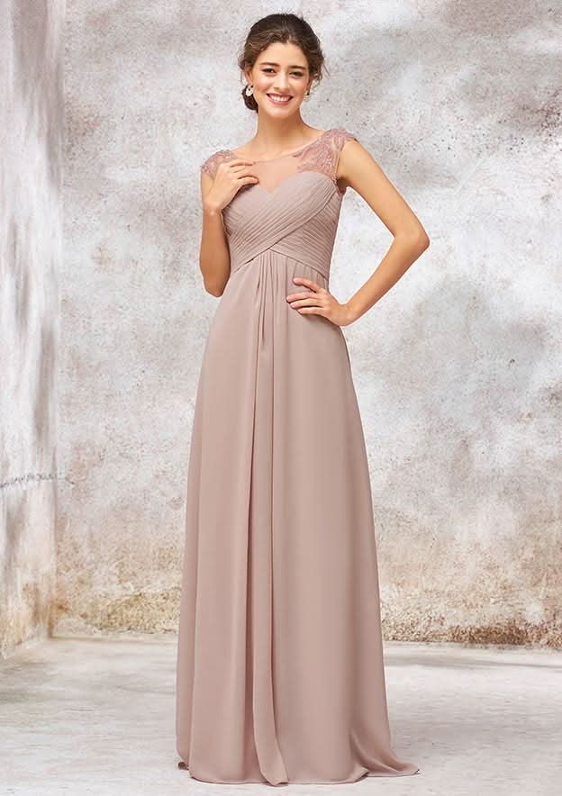 A-Line/Princess Floor-Length Sleeveless Chiffon Bridesmaid Dress With Sequins, Pleats, And Beading BM bride