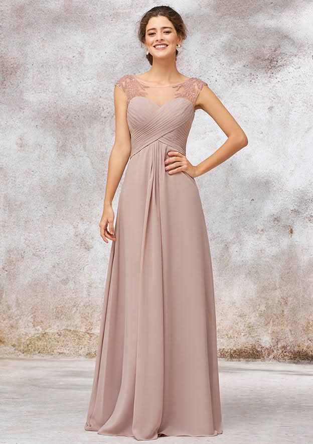 A-Line/Princess Floor-Length Sleeveless Chiffon Bridesmaid Dress With Sequins, Pleats, And Beading BM bride