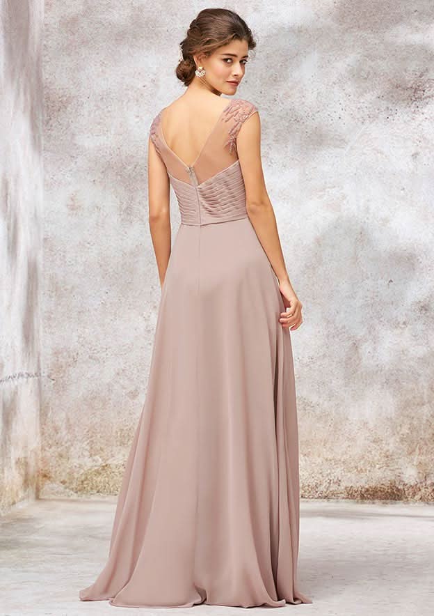 A-Line/Princess Floor-Length Sleeveless Chiffon Bridesmaid Dress With Sequins, Pleats, And Beading BM bride
