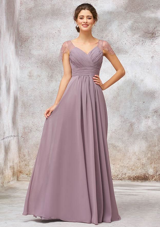 Floor-Length Chiffon Bridesmaid Dress, A-Line/Princess Cut, V-Neck, Cap Sleeves, With Pleats And Beading BM bride