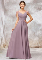 Floor-Length Chiffon Bridesmaid Dress, A-Line/Princess Cut, V-Neck, Cap Sleeves, With Pleats And Beading BM bride