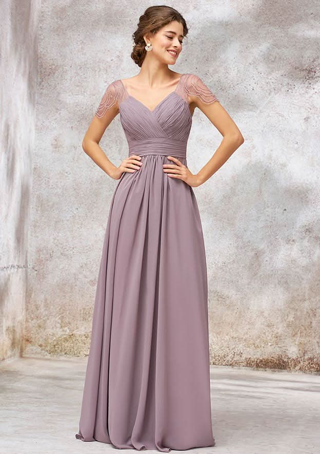 Floor-Length Chiffon Bridesmaid Dress, A-Line/Princess Cut, V-Neck, Cap Sleeves, With Pleats And Beading BM bride