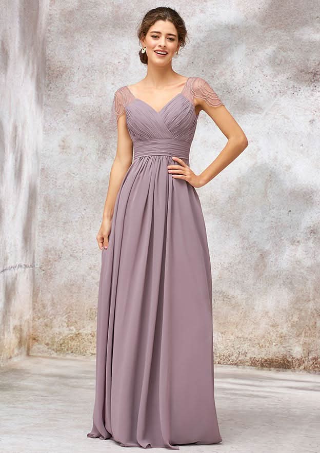 Floor-Length Chiffon Bridesmaid Dress, A-Line/Princess Cut, V-Neck, Cap Sleeves, With Pleats And Beading BM bride
