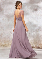 Floor-Length Chiffon Bridesmaid Dress, A-Line/Princess Cut, V-Neck, Cap Sleeves, With Pleats And Beading BM bride