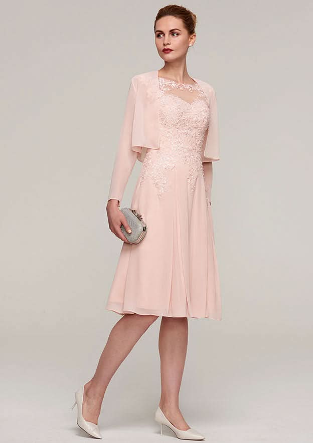 Knee-Length Chiffon Mother of the Bride Dress with Jacket Appliqued Beading, Sleeveless Bateau A-line BM bride