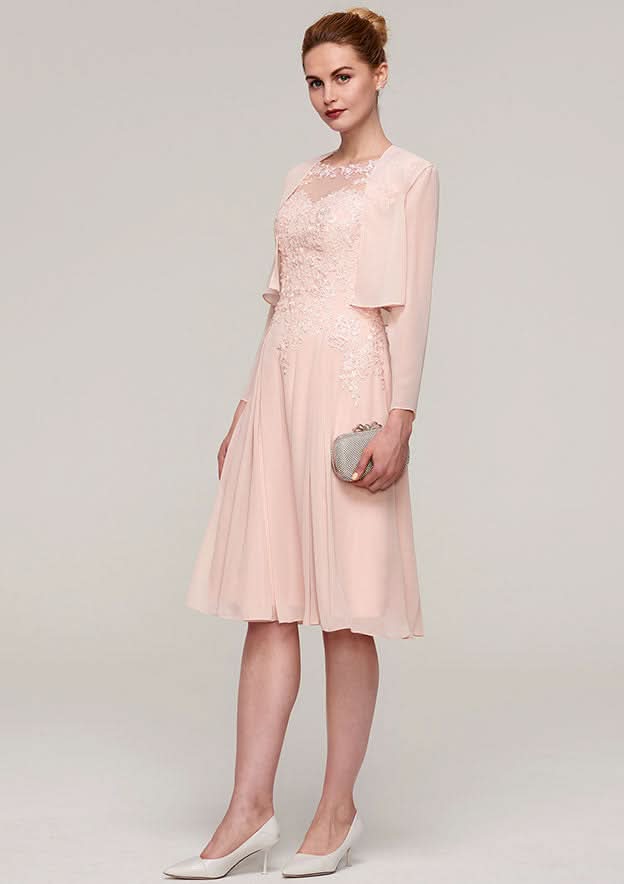 Knee-Length Chiffon Mother of the Bride Dress with Jacket Appliqued Beading, Sleeveless Bateau A-line BM bride