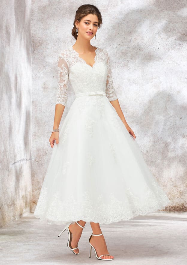 Romantic A-Line V-Neck Half Sleeve Tea-Length Tulle Lace Wedding Dress with Bowknot Accent BM bride