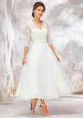 Romantic A-Line V-Neck Half Sleeve Tea-Length Tulle Lace Wedding Dress with Bowknot Accent BM bride
